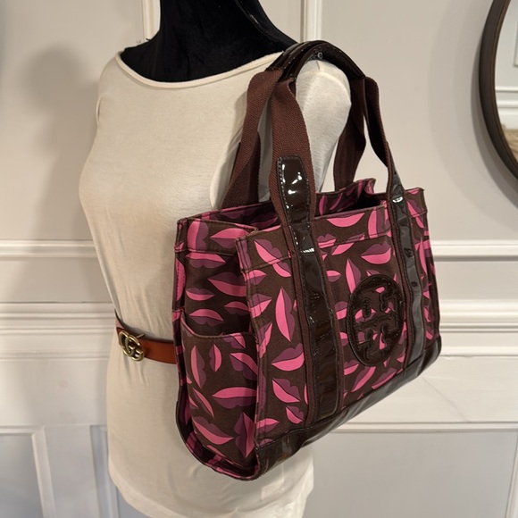 Tory Burch Bag Ella Lips Patent Leather & Canvas Logo Small Tote Bag RARE - Picture 10 of 17